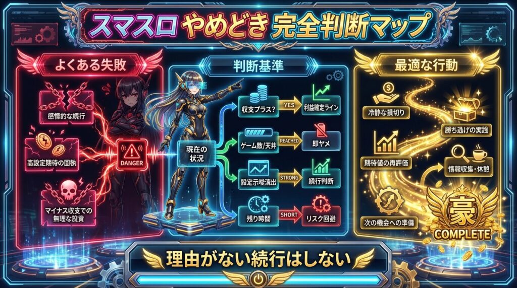 スマスロのやめどき判断フローとチェック基準をまとめたインフォグラフィック
