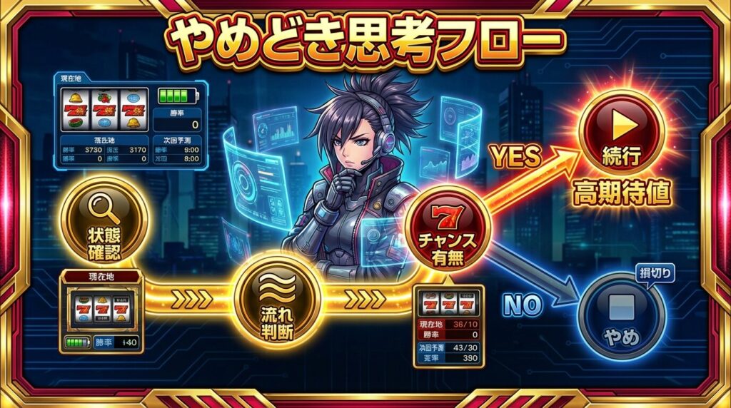 スマスロのやめどき判断フローを考えているイメージ
