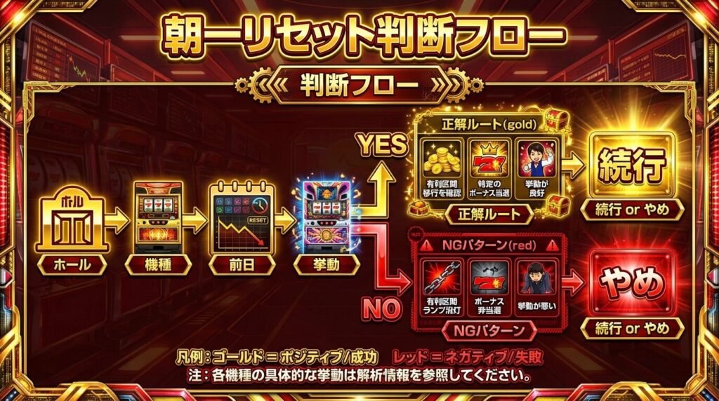 👉 スマスロ朝一リセットの判断フローと立ち回りをまとめたインフォグラフィック