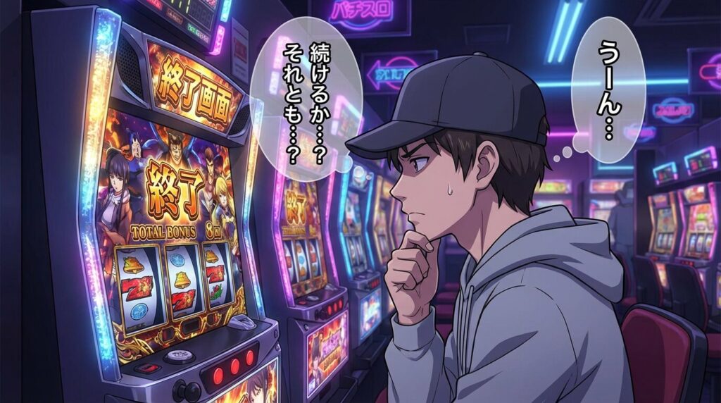  終了画面で悩むプレイヤー