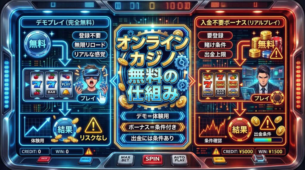 オンラインカジノ無料の仕組みを解説するインフォグラフィック
