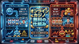 オンラインカジノ無料の仕組みを解説するインフォグラフィック