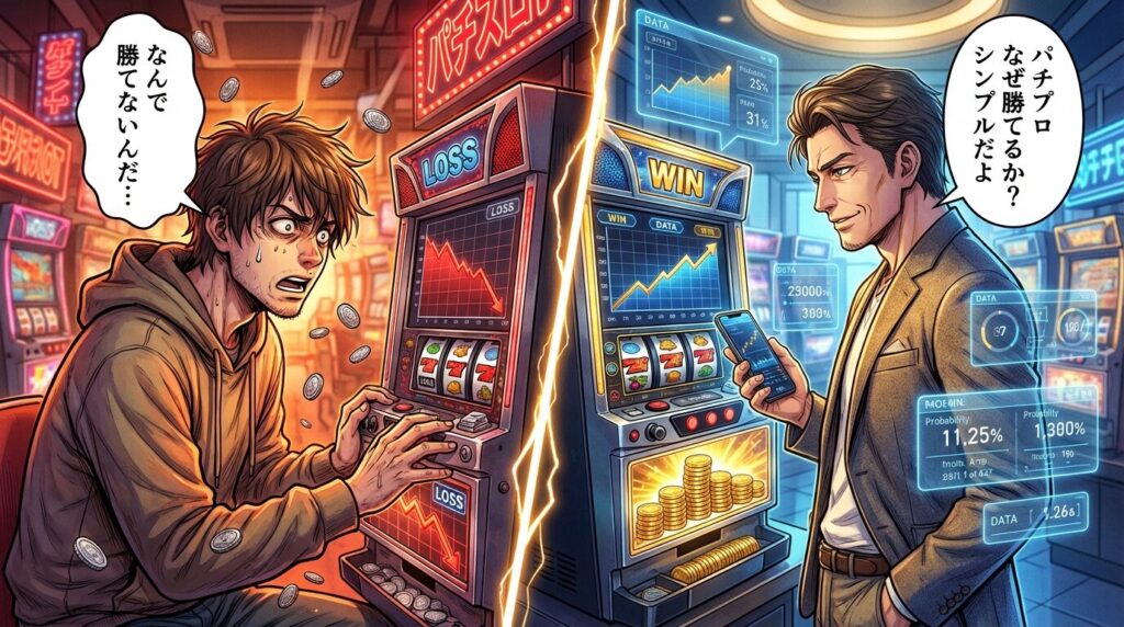 パチプロなぜ勝てるのかを考える対比イメージ
