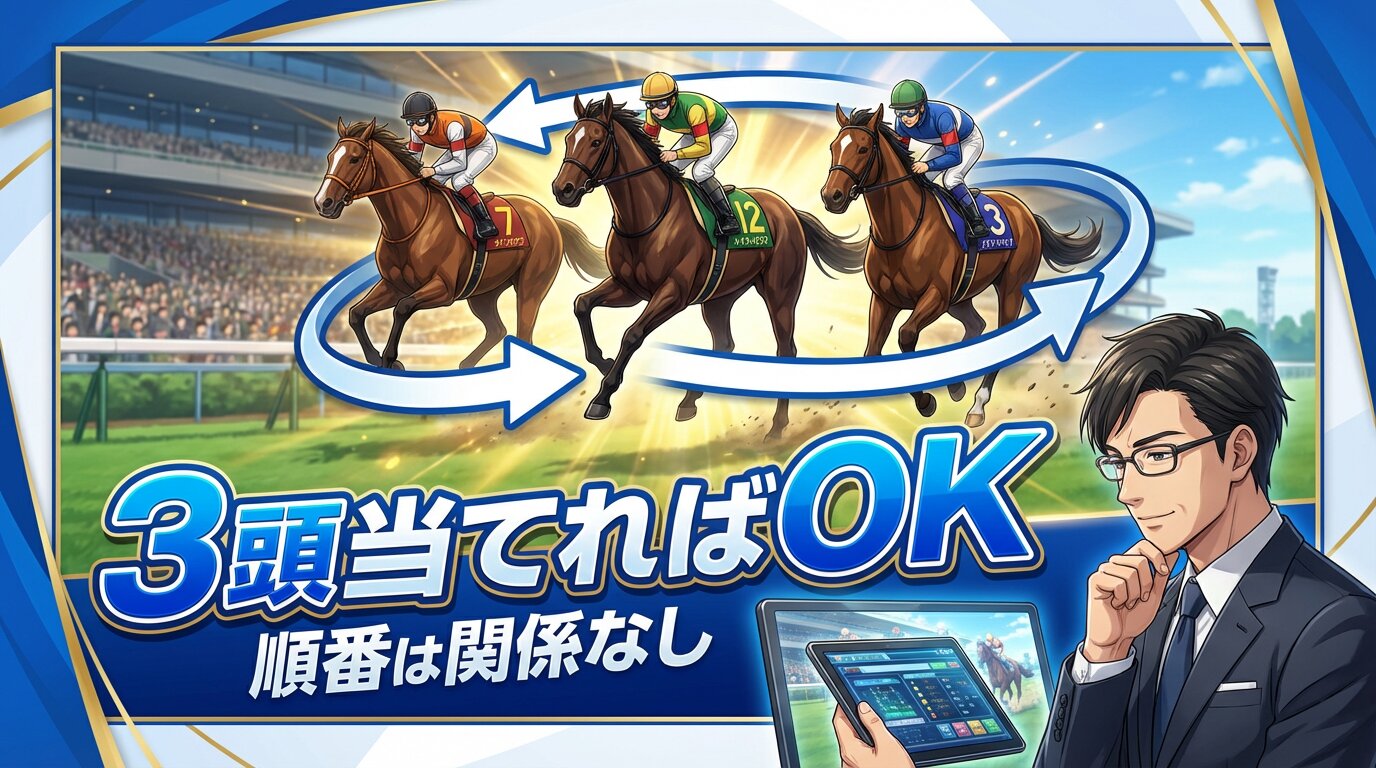 三連複の仕組みと3頭的中のイメージを解説するビジュアル