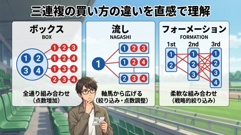 三連複の買い方（ボックス・流し・フォーメーション）の違いを示した図