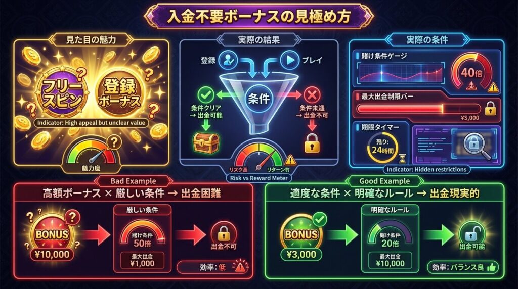 入金不要ボーナスの仕組みと出金条件（賭け条件・最大出金額・有効期限）の関係を分かりやすく解説したインフォグラフィック
