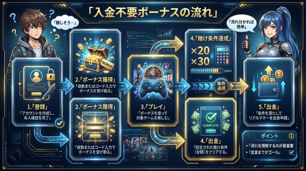 入金不要ボーナスの流れ図