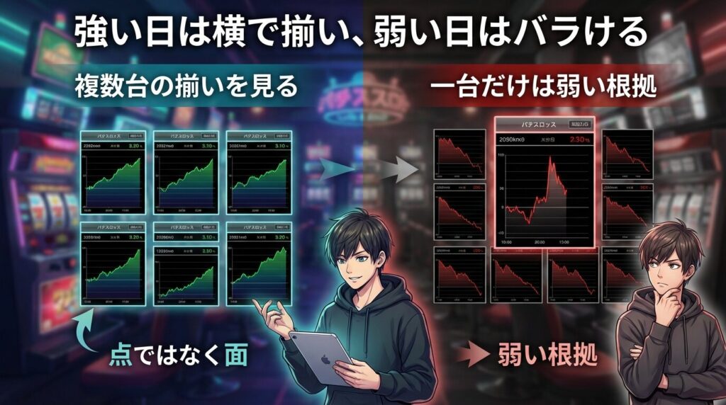 強い日の横並びと弱い日のバラつき比較