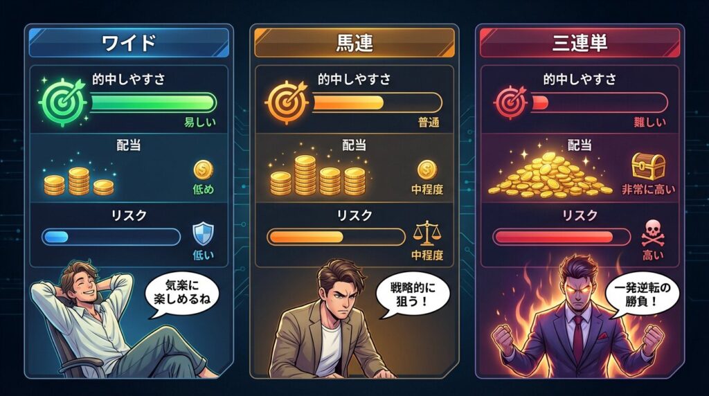 競馬の券種ごとの特徴比較ワイド馬連三連単