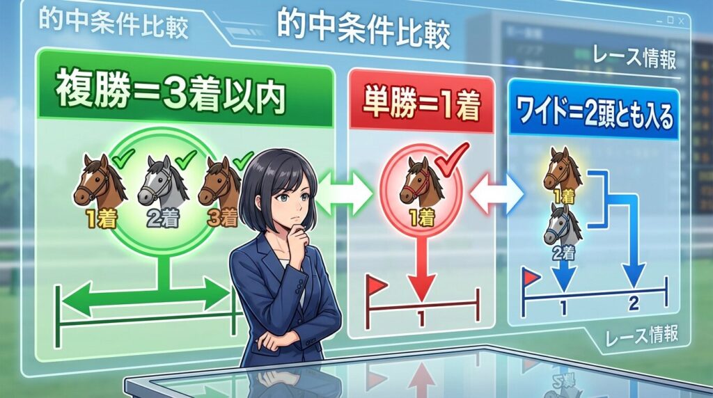 複勝と単勝ワイドの違いを視覚的に示すイメージ