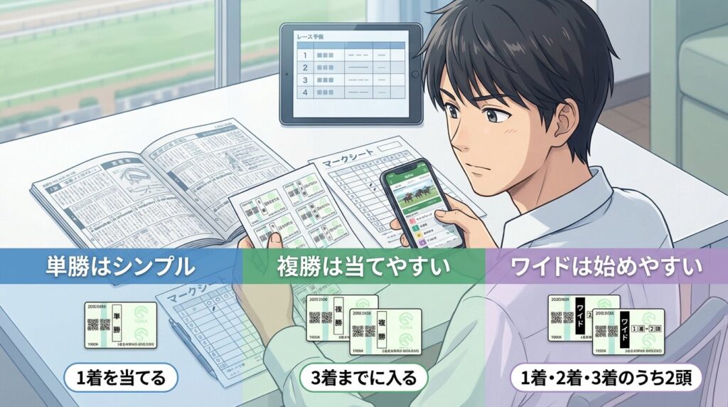 馬券の種類を見比べる初心者のイメージ