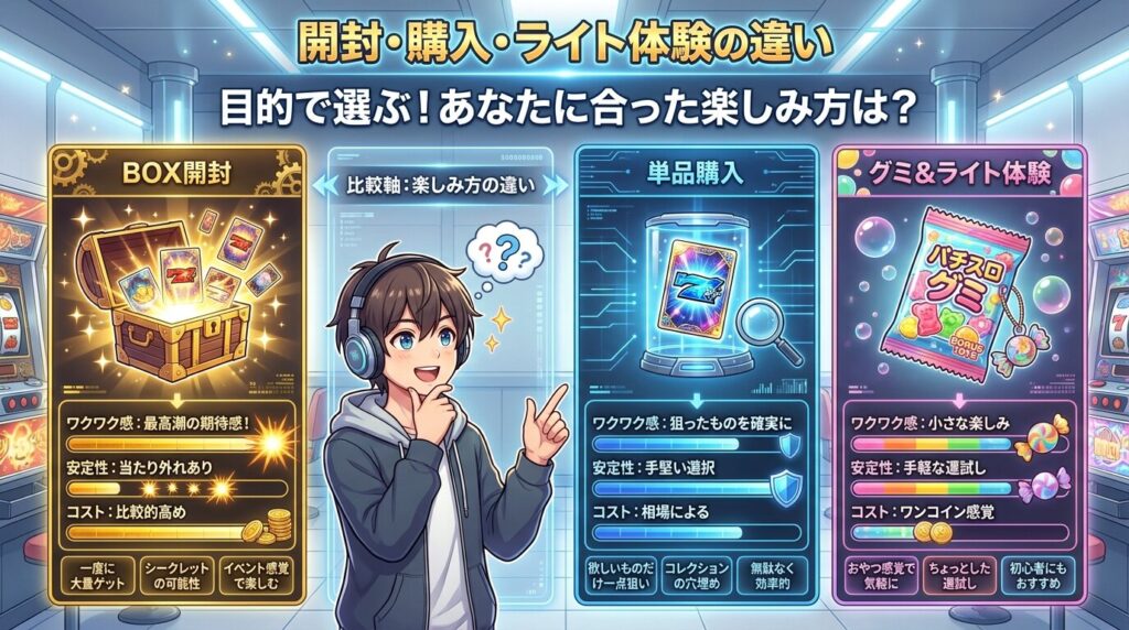 BOX開封・シングル購入・グミの違いを比較した図
