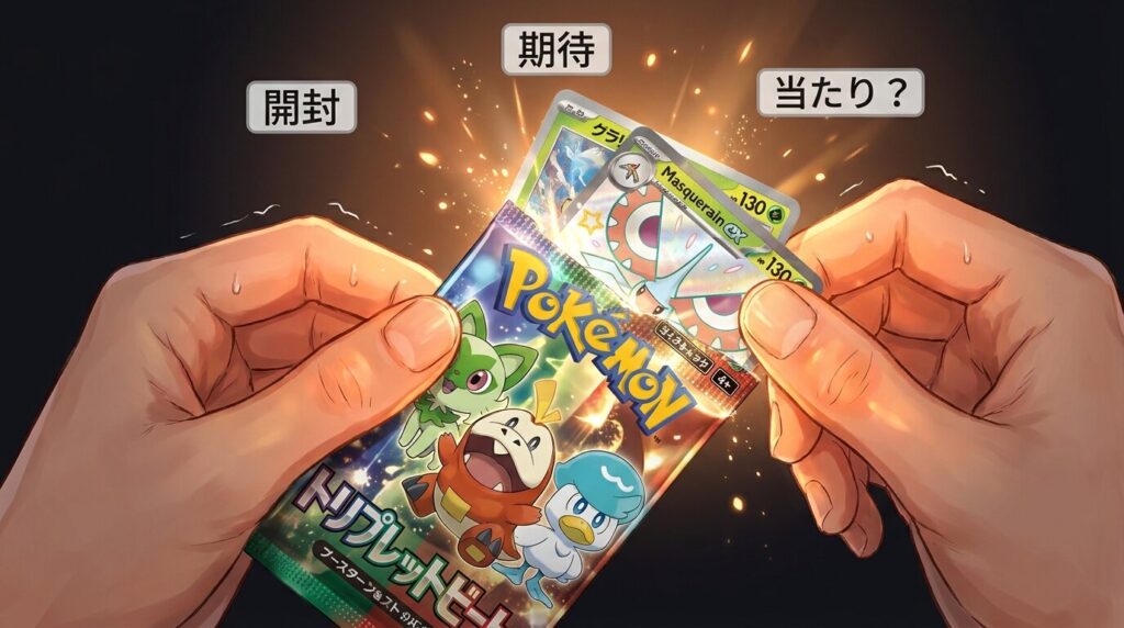 ポケモンカードのパック開封で当たりを期待する瞬間