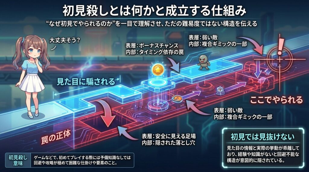 初見殺しの仕組みとトラップ構造を可視化したビジュアル